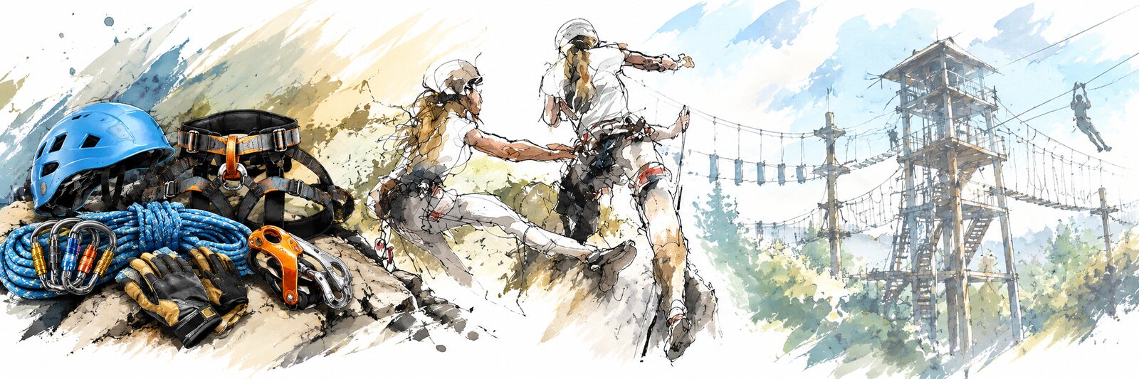 Illustration of climbing gear, participants on a challenge course and a ropes course tower