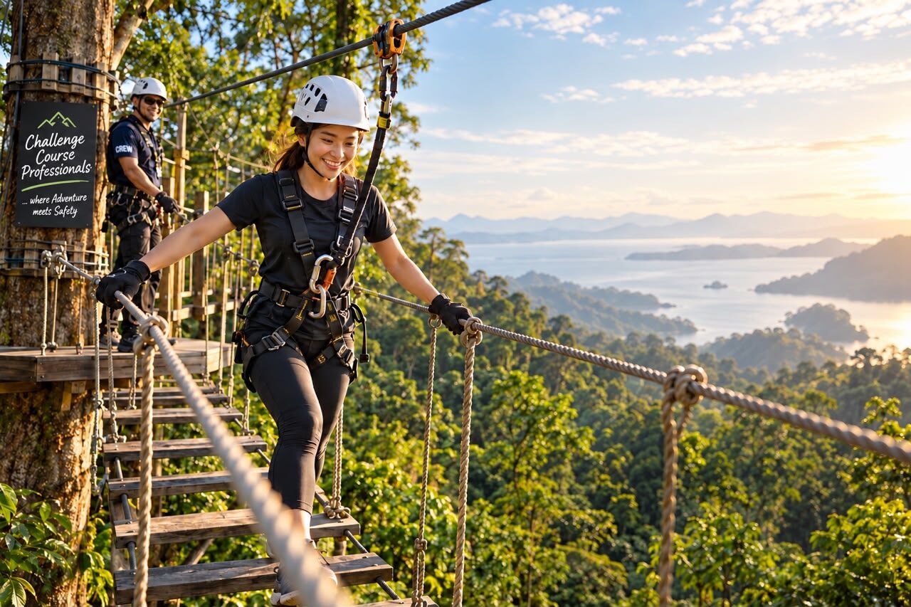 Participant crossing a rope bridge on a high ropes course