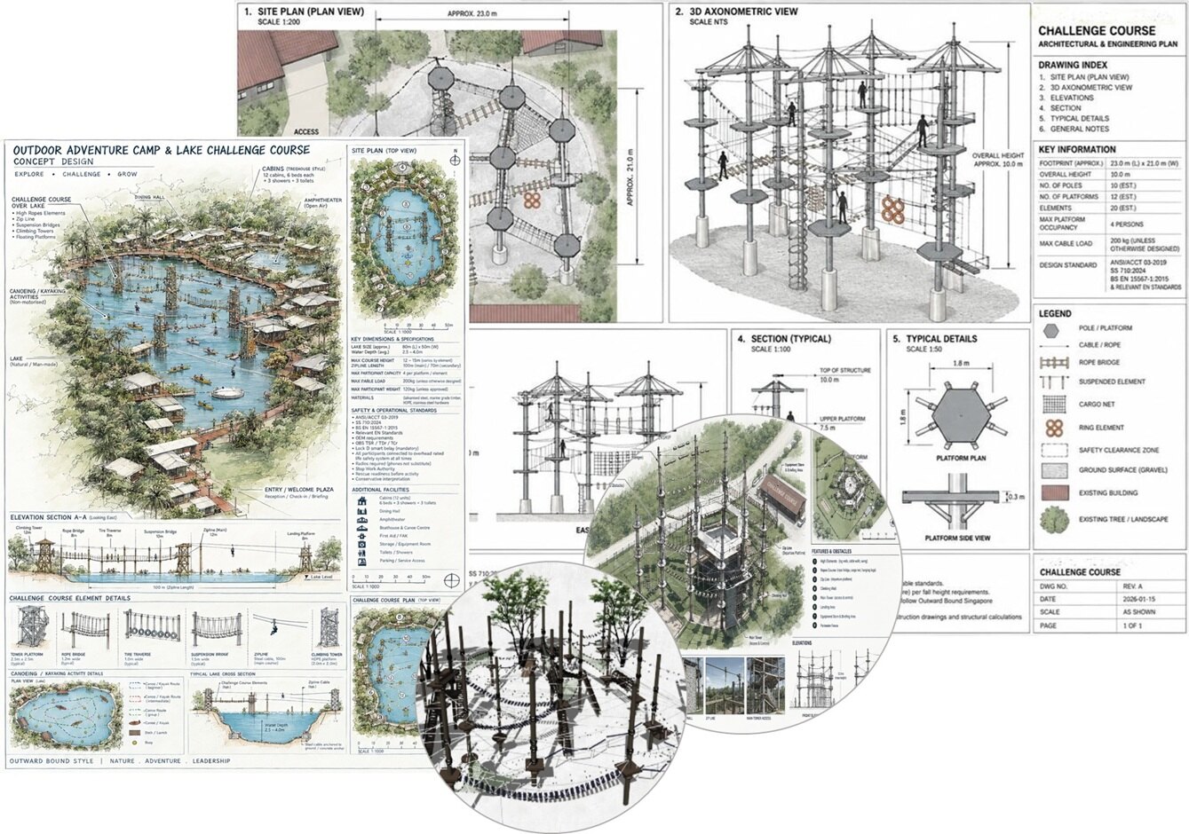 Challenge course design drawings, plans and a rendered tower